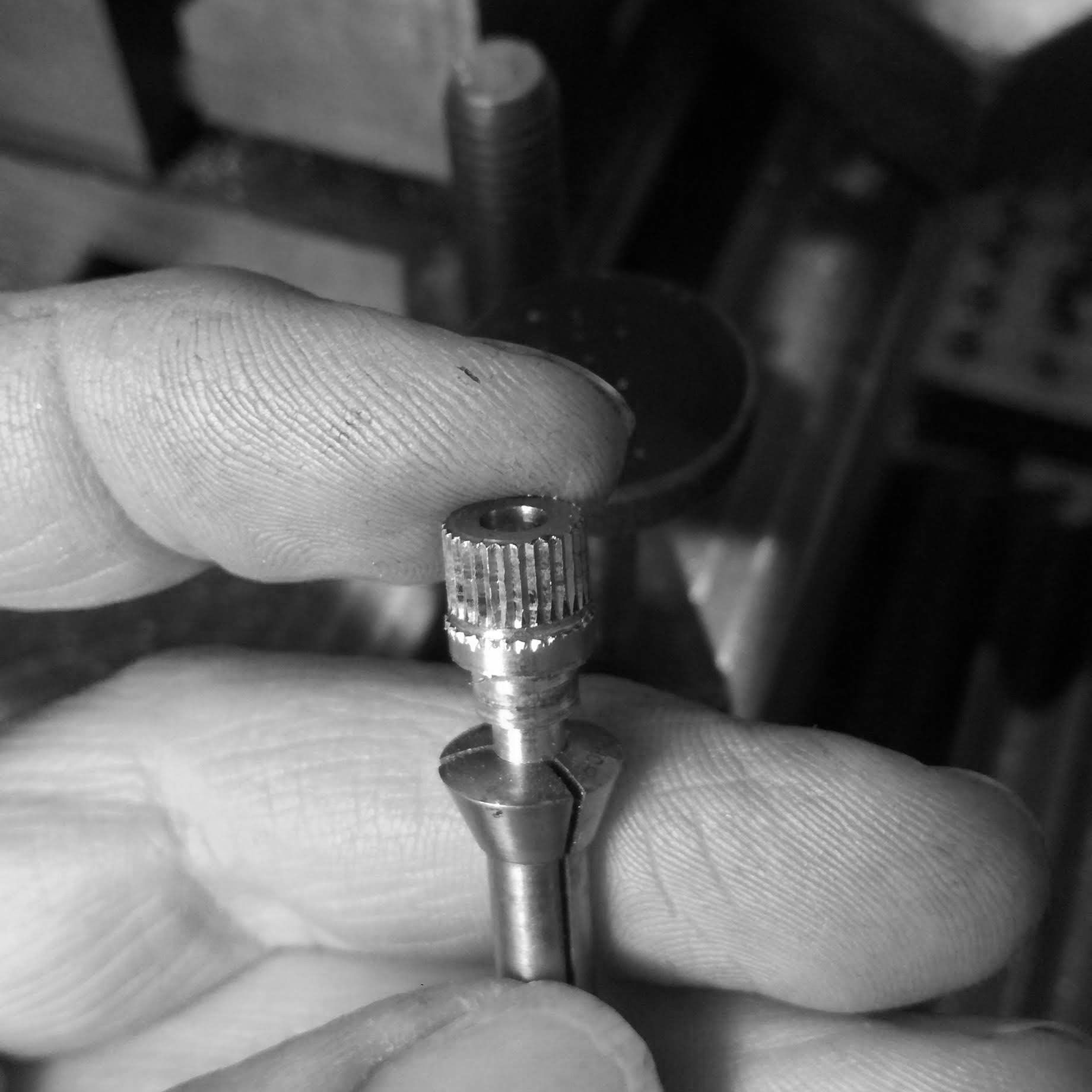 The first crown after indexing the 30 individual ridges of the grip.