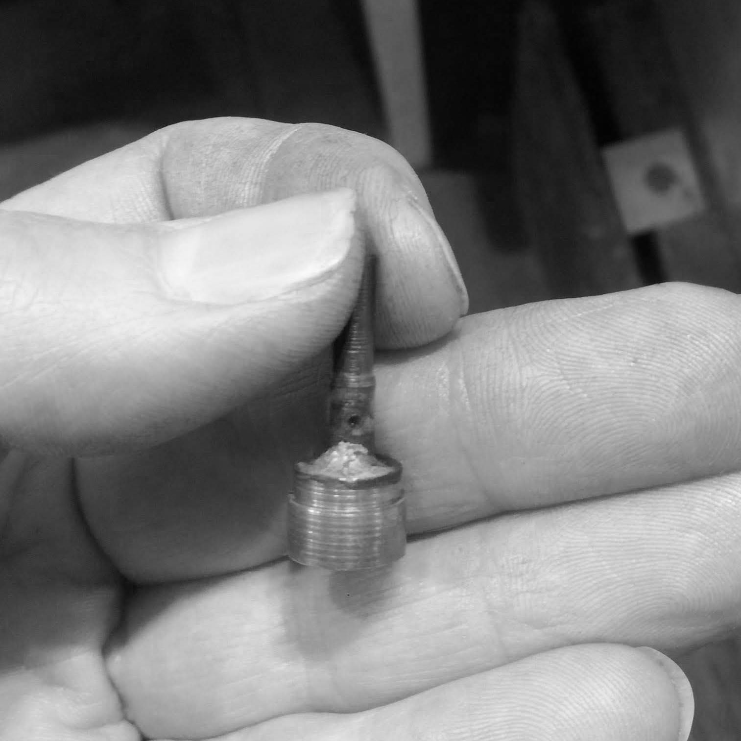 A generous amount of solder is used to make sure that the torque during turning does not break the crown off the stem.