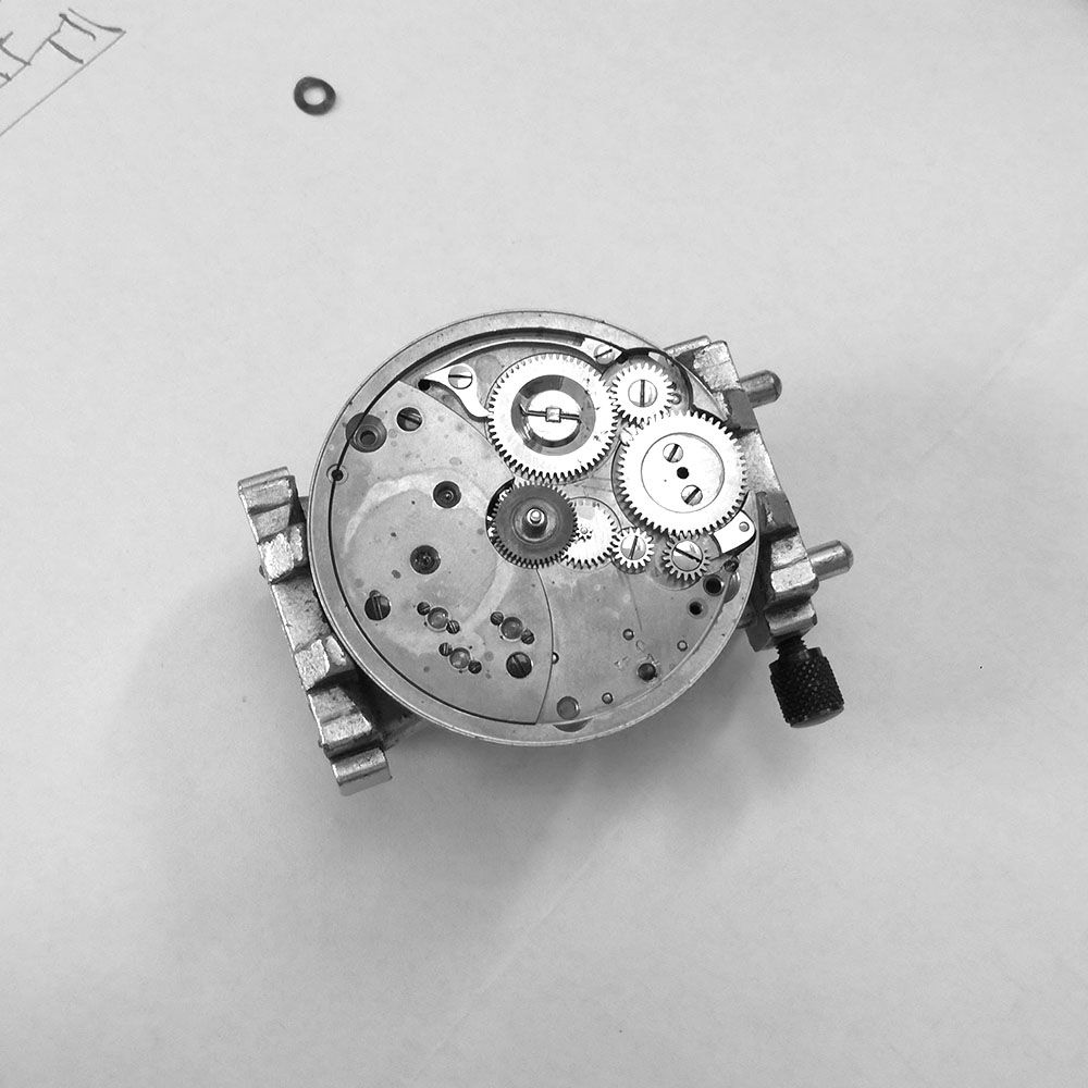 The dial side of the movement, with its gears.